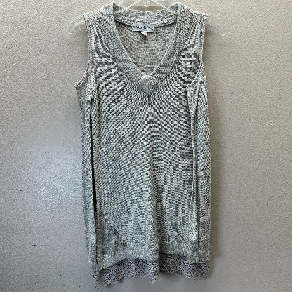 Knox Rose Lace Trim Size S Tan Knit Cold Shoulder Long Sleeve Boho Tunic Sweater